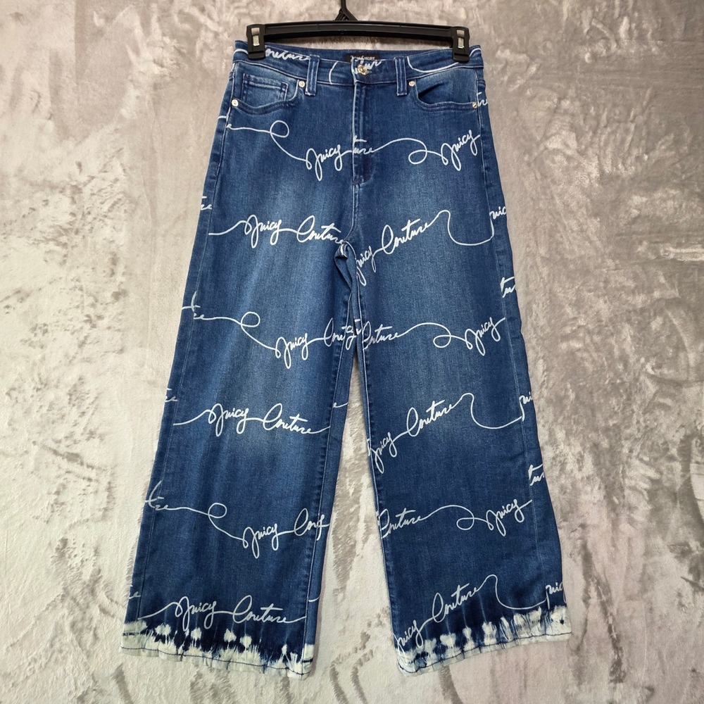 Juicy Couture Womens Wide Leg Logo Print Jeans Blue Script Hem Size 27